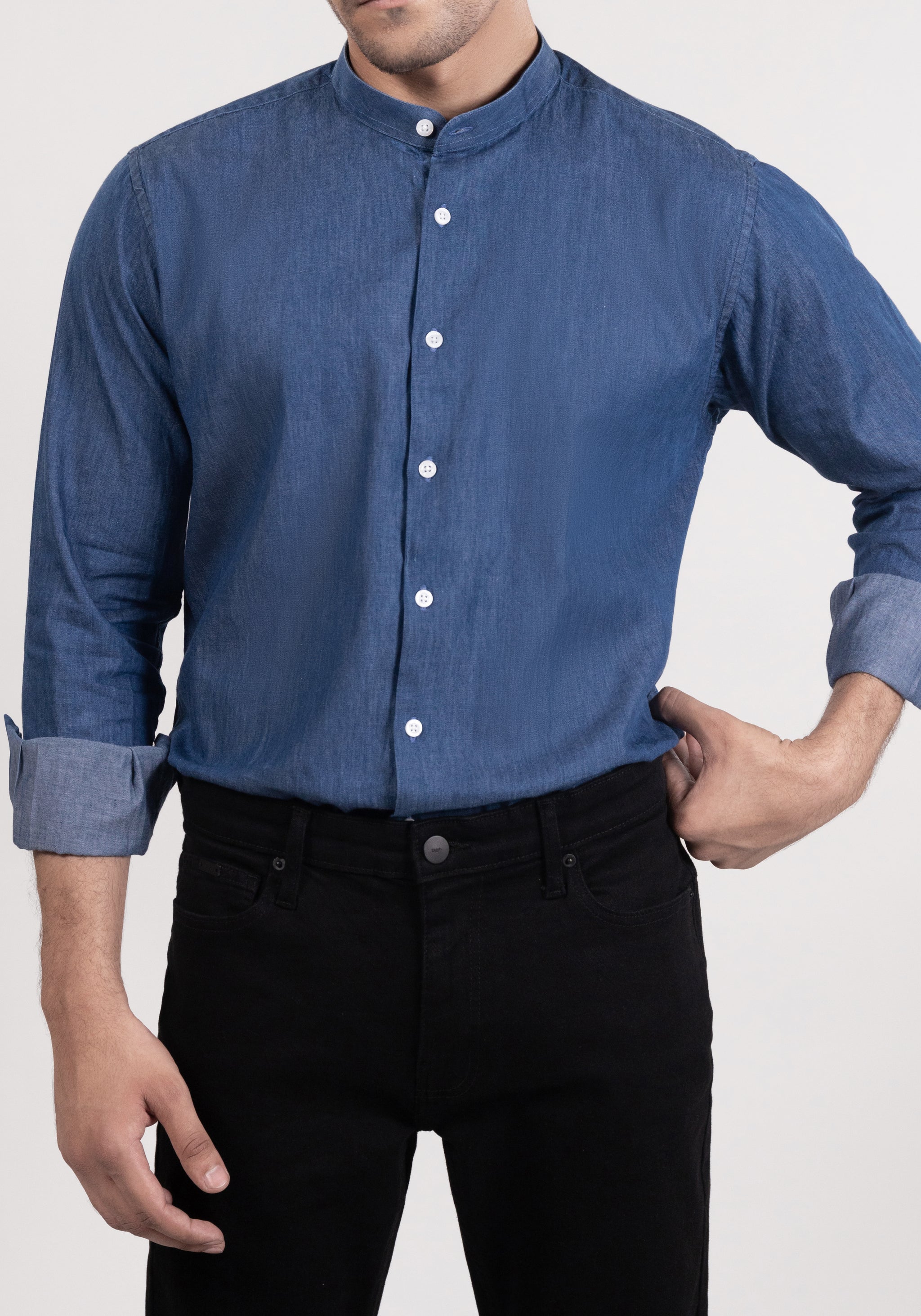 Denim Medium Wash Shirt - Band Collar – Brisk | Shirts, Jeans & More
