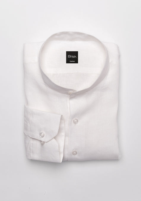 White Crisp Italian Linen Shirt - Band Collar