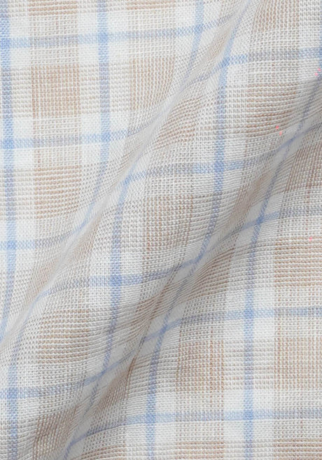 Beige Blue Tartan Cotton Linen