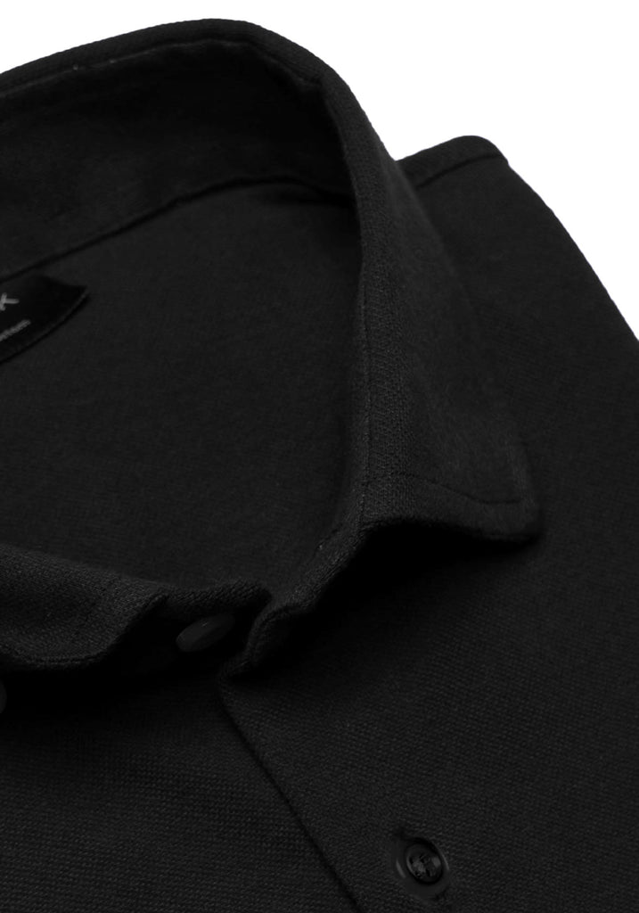 Black Feather Soft Piqué Full Sleeve Shirt - Cut Away Collar With Hidden Button Down