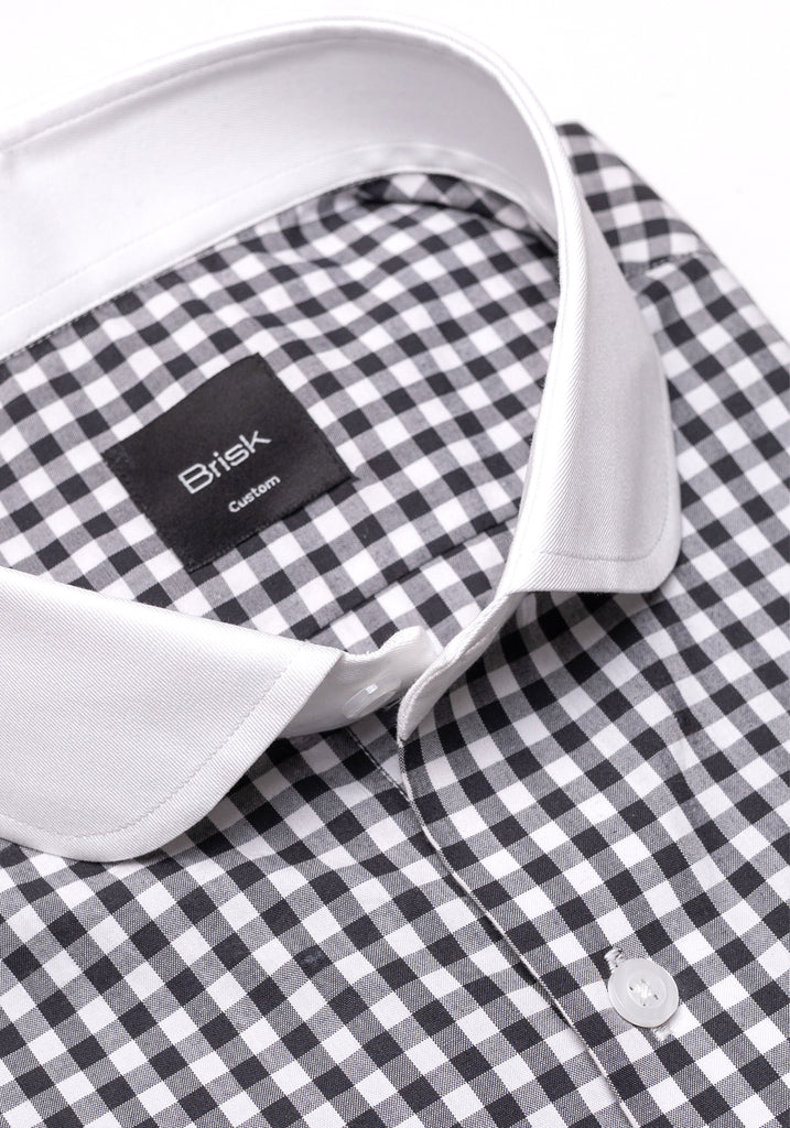 Black Gingham Crisp Pima Cotton Shirt - White Club Collar