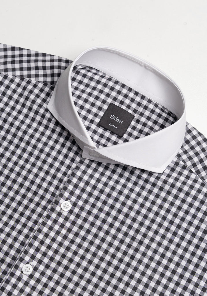 Black Gingham Crisp Pima Cotton Shirt - White Cutaway Extreme Collar