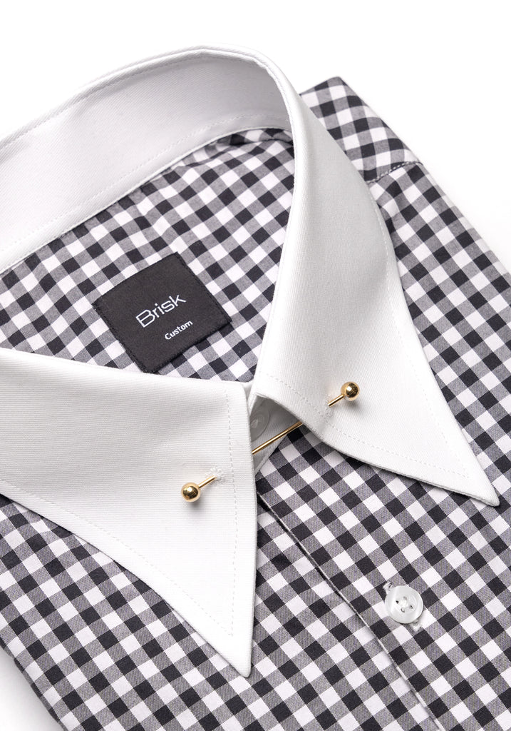 Black Gingham Crisp Pima Cotton Shirt -- White Cassic Golden Pin Collar & French Cuffs