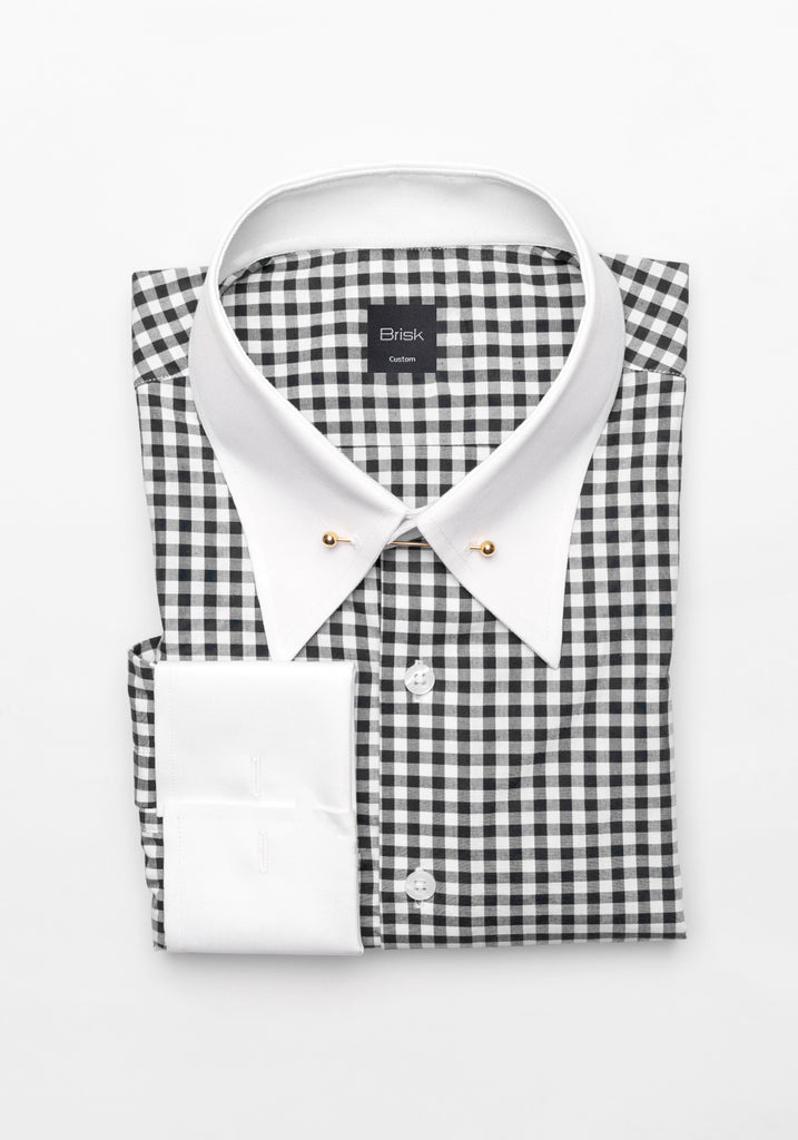 Black Gingham Crisp Pima Cotton Shirt - White Cassic Golden Pin Collar & French Cuffs