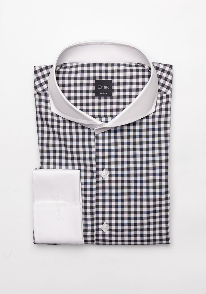 Black Gingham Crisp Pima Cotton Shirt - White Cutaway Extreme Collar