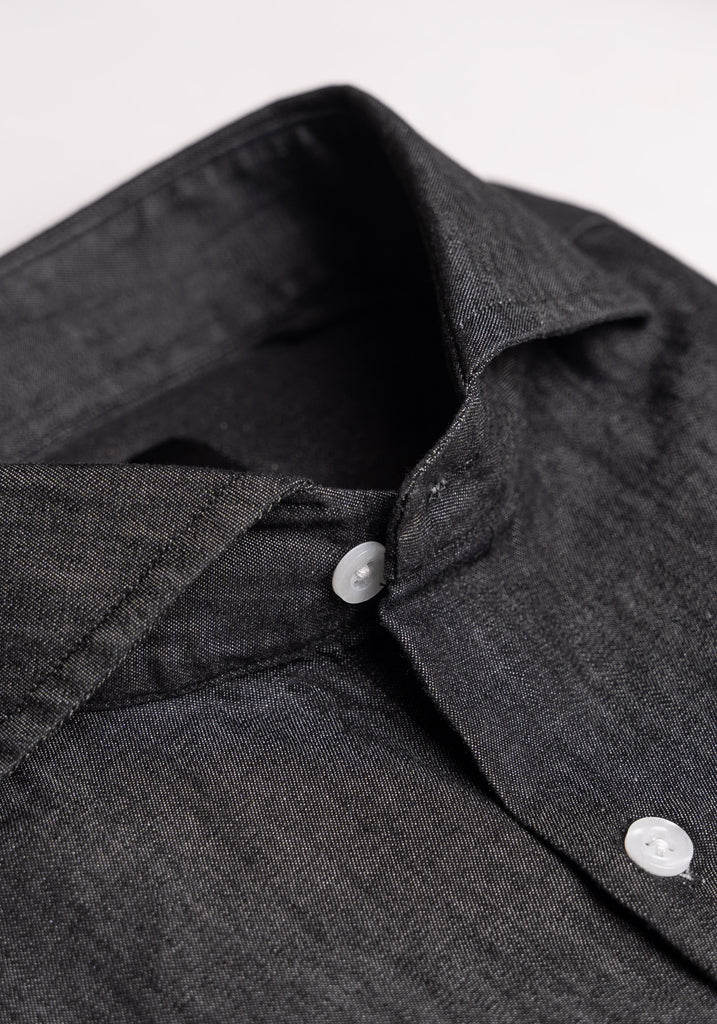 Black Denim Rinse Wash Shirt - Extreme Collar