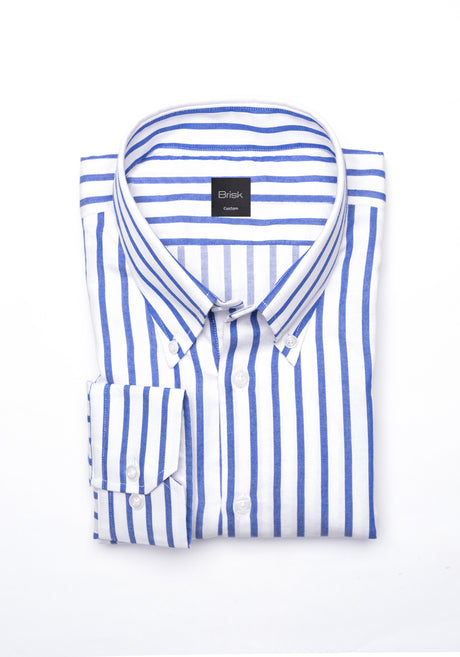 A navy wide stripes soft textured pima cotton button down collar shirt laid flat on a white background.