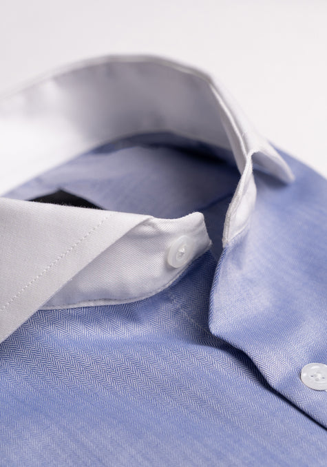 Steel Blue Mini Herringbone Shirt - Cotton Poly - Wrinkle Resistant
