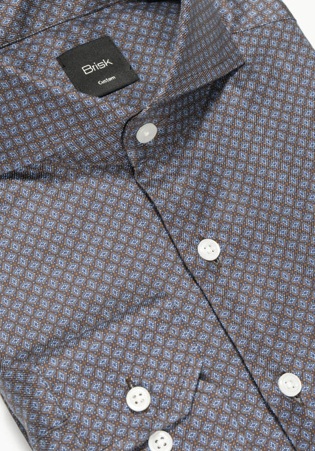 Brown Blue Twill Print Shirt-Easy Care