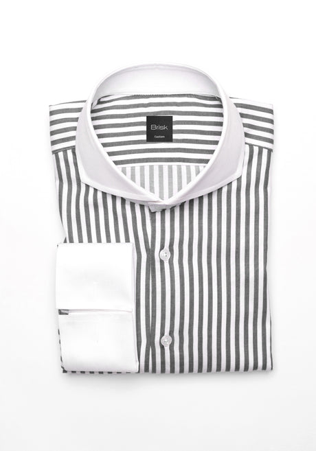 Charcoal Bengal Twill Stripes Pima Cotton Shirt - White Cutaway Extreme Collar