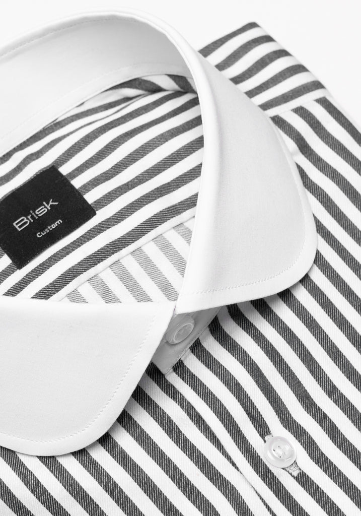 Charcoal Bengal Twill Stripes Pima Cotton Shirt - White Club Collar & French Cuffs