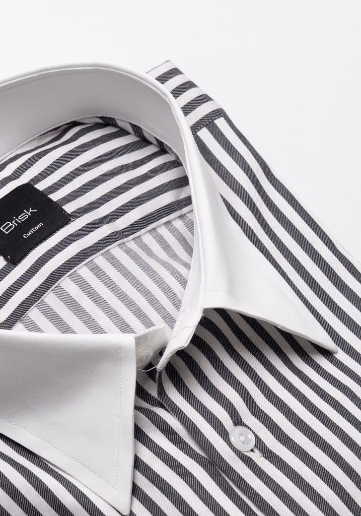 Charcoal Bengal Twill Stripes Pima Cotton Shirt - White Classic Straight Collar & French Cuffs