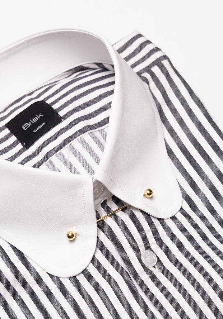 Charcoal Bengal Twill Stripes Pima Cotton Shirt - White Club Golden Pin Collar & French Cuffs