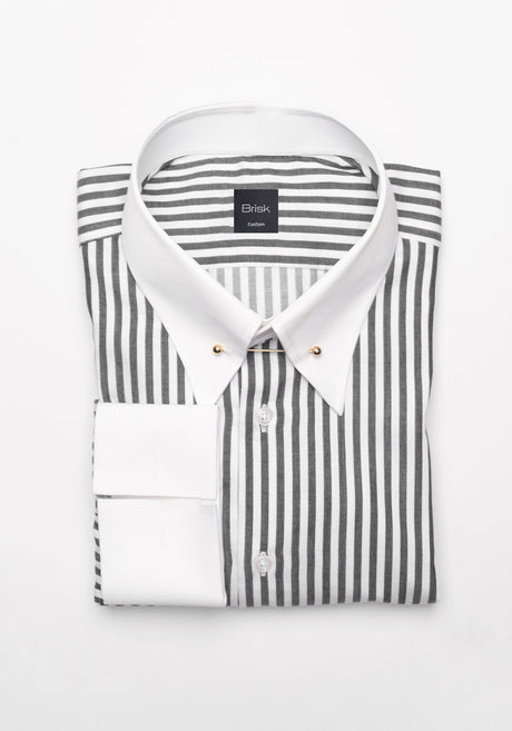 Charcoal Bengal Twill Stripes Pima Cotton Shirt - White Classic Golden Pin Collar & French Cuff