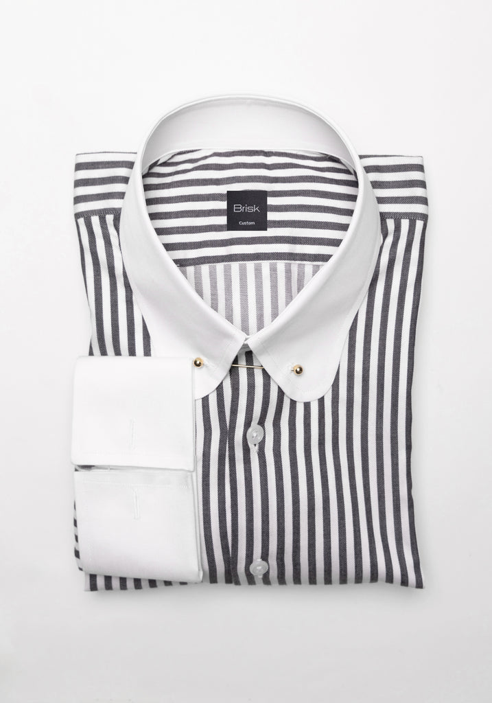 Charcoal Bengal Twill Stripes Pima Cotton Shirt - White Club Golden Pin Collar & French Cuffs