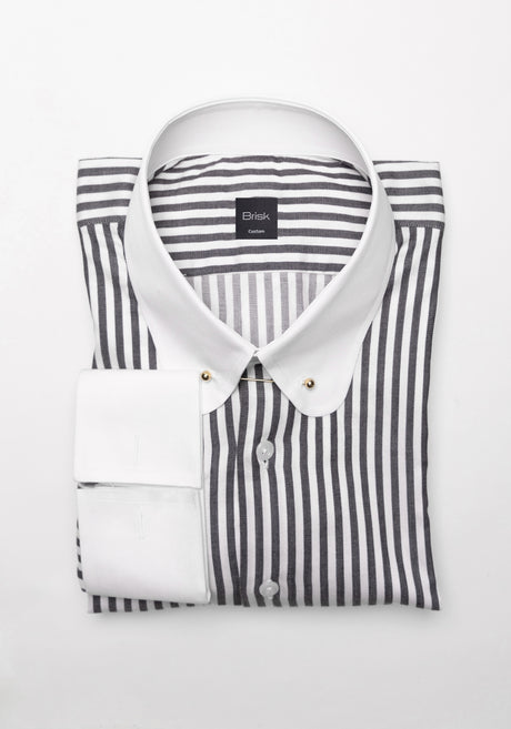 Charcoal Bengal Twill Stripes Pima Cotton Shirt - White Club Golden Pin Collar & French Cuffs