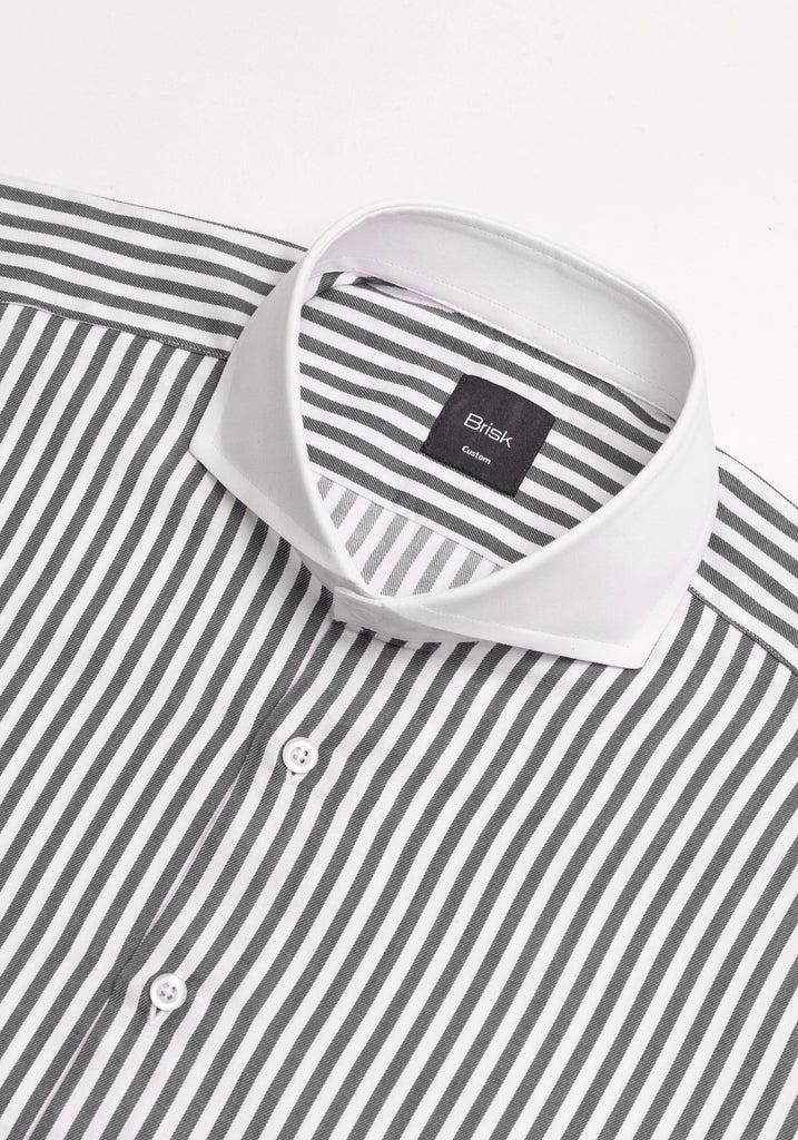 Charcoal Bengal Twill Stripes Pima Cotton Shirt - White Cutaway Extreme Collar