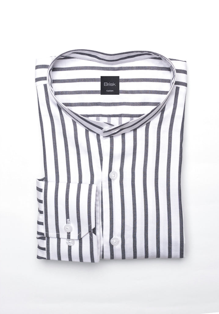 Charcoal Wide Stripes Soft Textured Pima Cotton Shirt - Band Collar