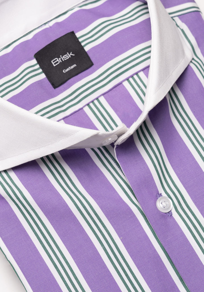 Crisp Purple Green Bold Stripes Shirt - White Collar