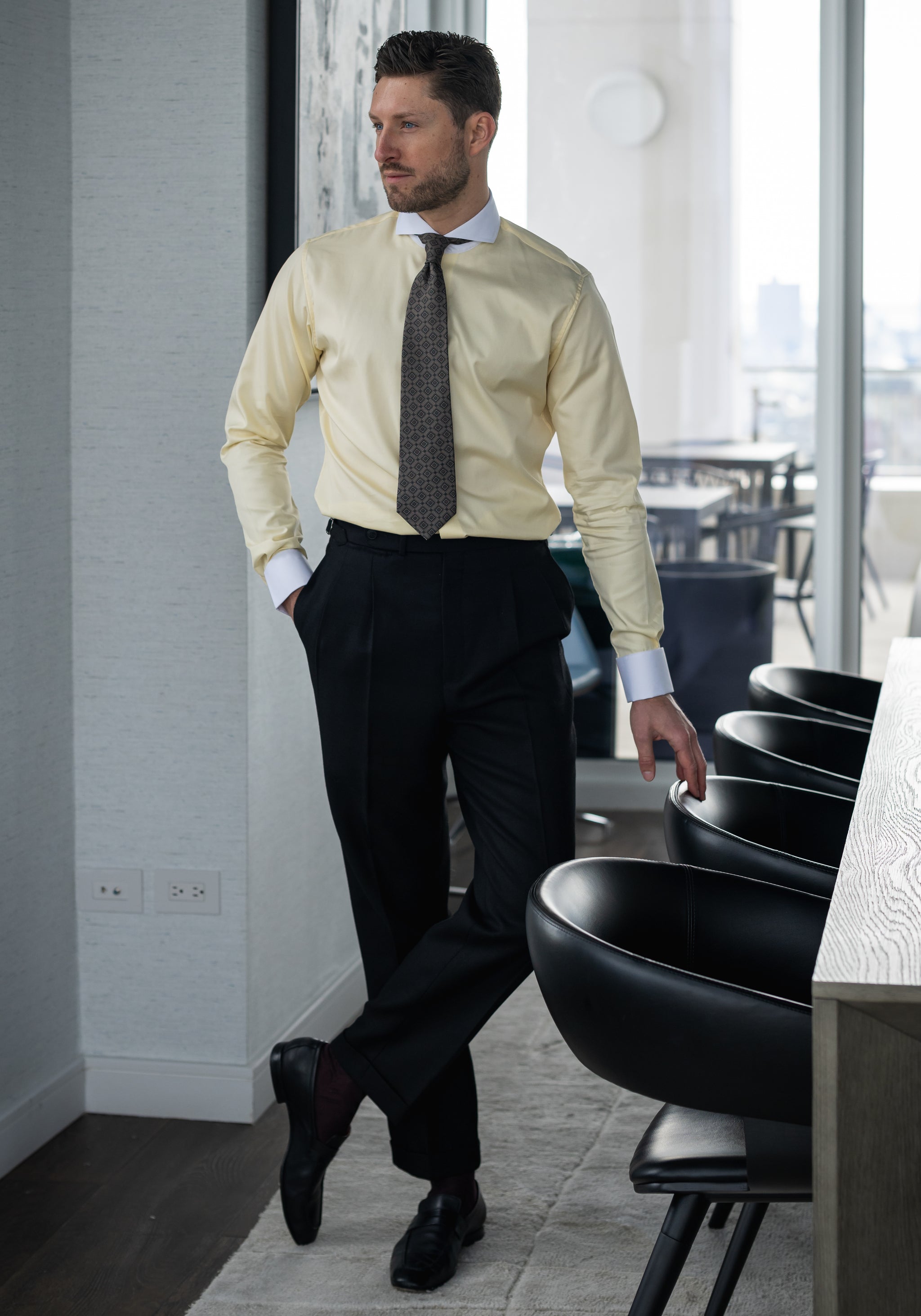 Spread Collar Extreme Cutaway Collar Dress Shirt Extreme Cutaway Blue  Premium Contrast Shirt French Cuff DANDY