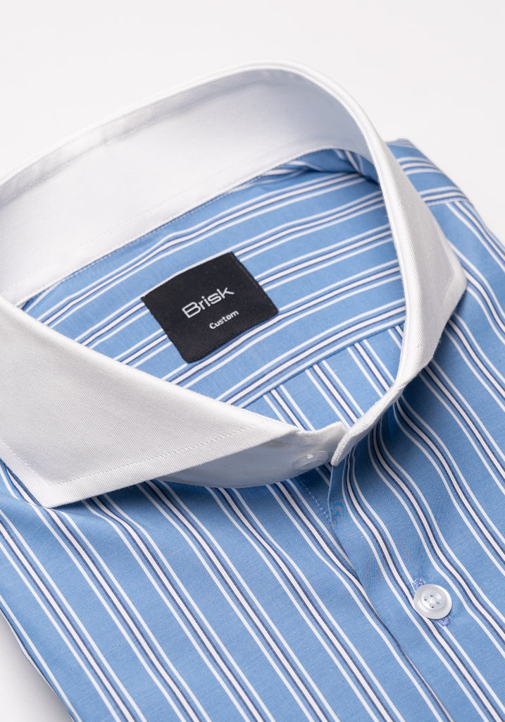 Dual Blue Wide Stripes Shirt - White Cutaway Extreme Collar