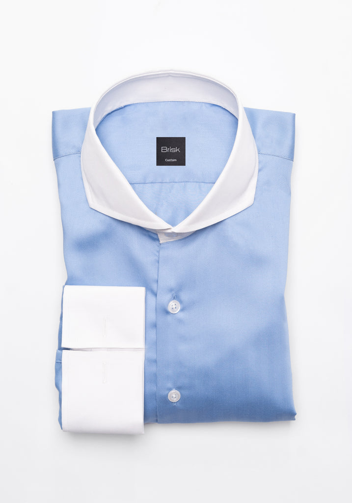 Egyptian Mid Blue Herringbone Shirt - White Cutaway Extreme Collar