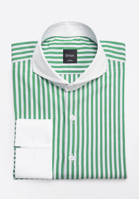 A folded green and white vertically striped dress shirt with a solid white collar and white buttons, displayed on a clean white background. The brand label 'Brisk' is visible inside the collar.