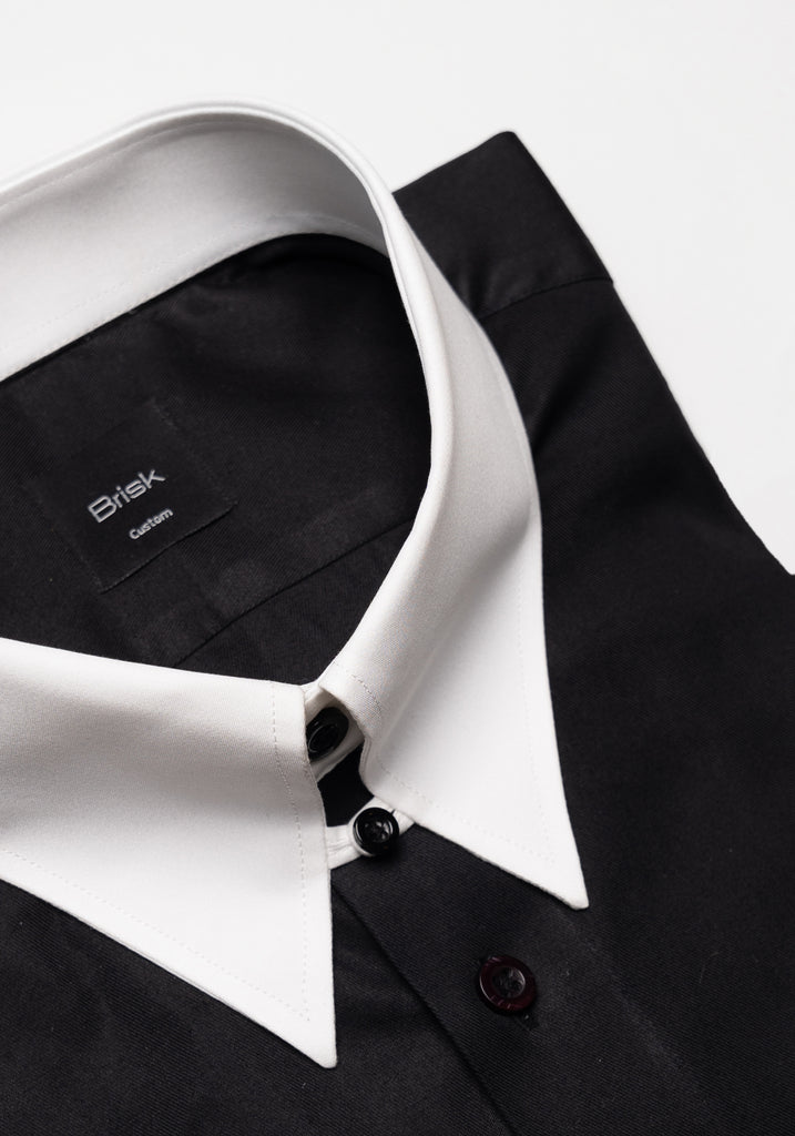 Jet Black Twill Pima Cotton Shirt - White Tab Collar
