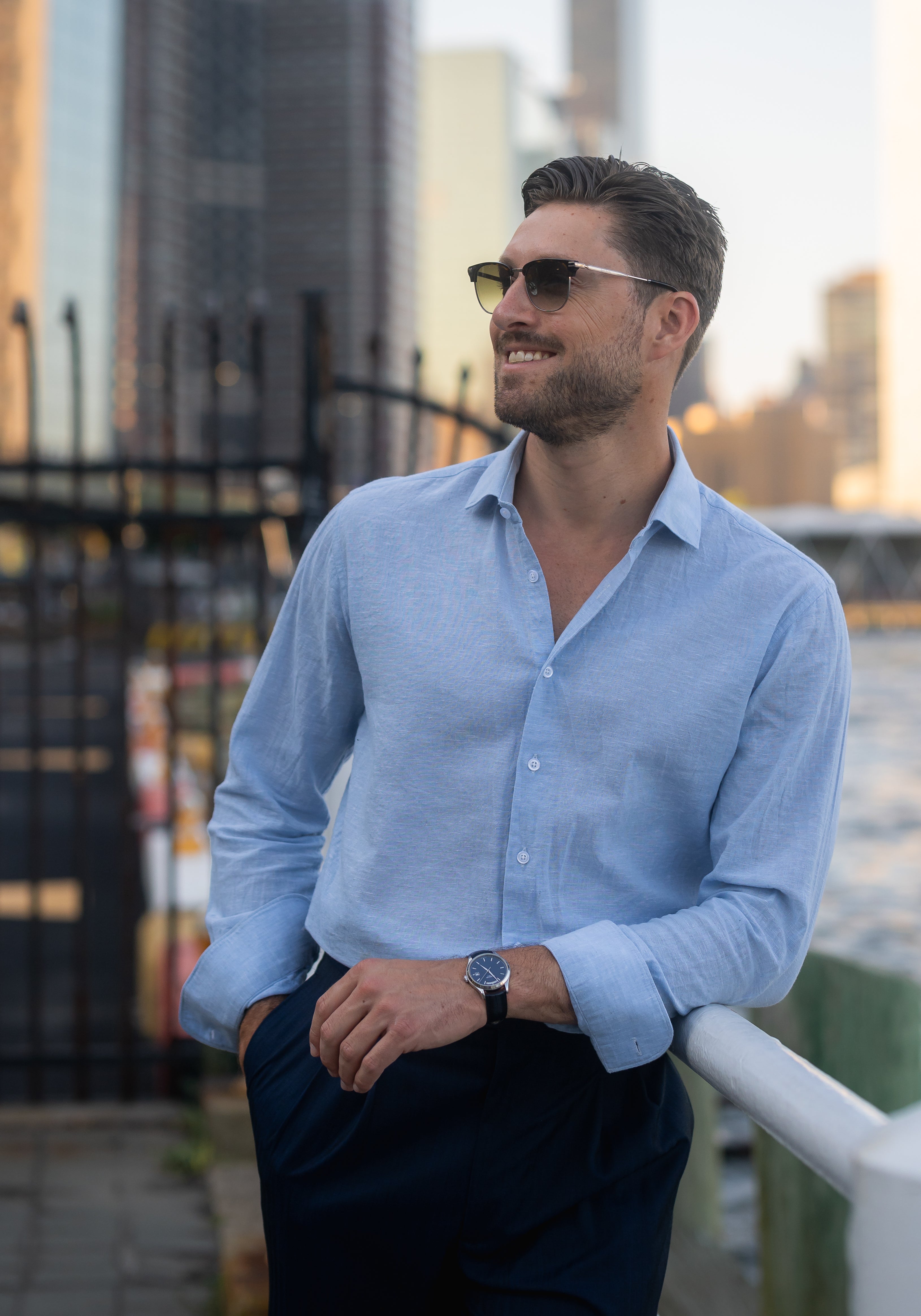 Light Blue Cotton-Linen Shirt - Cutaway Classic Collar 20 / Slim Light Blue Cotton-Linen Shirt - Cutaway Classic Collar 20 / Slim
