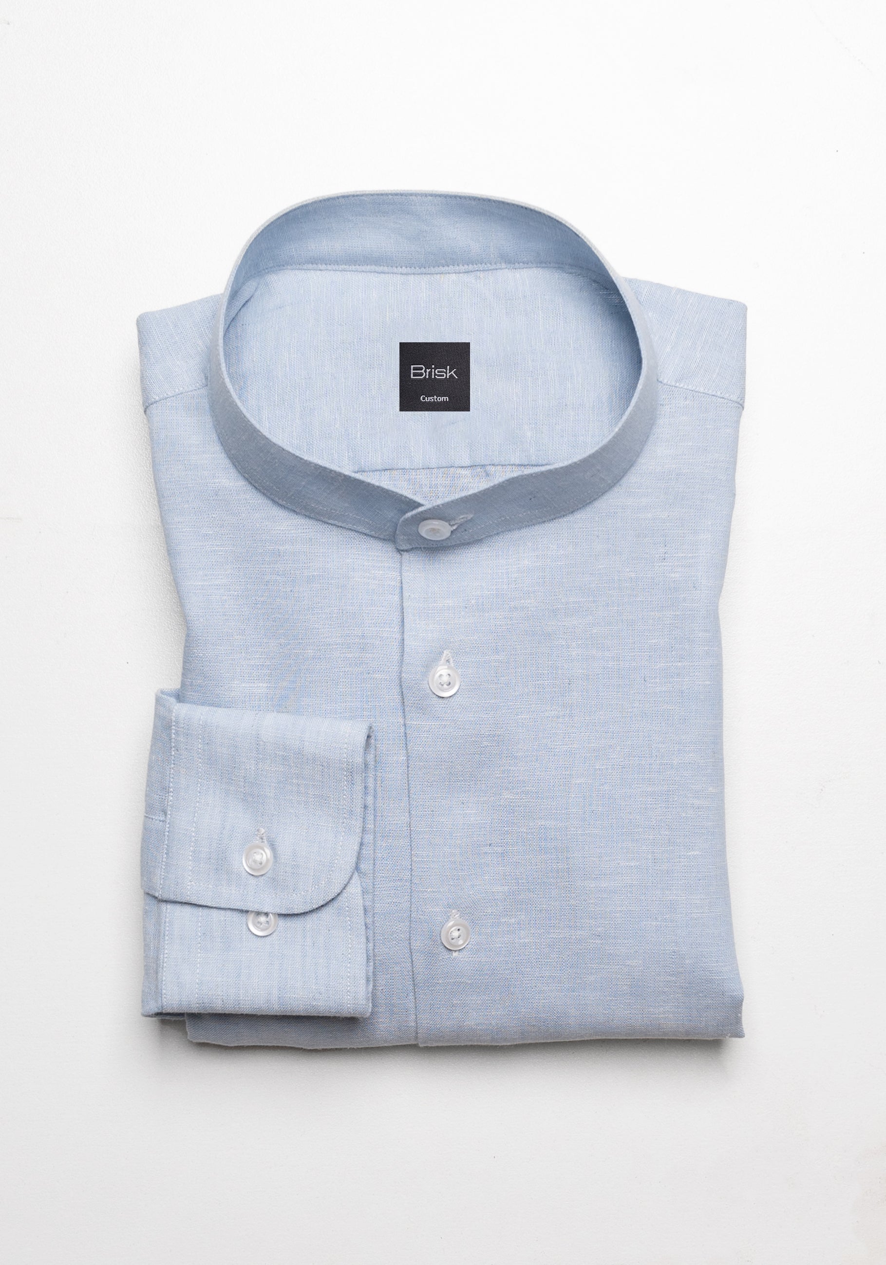 Light Blue Cotton-Linen Shirt - Band Collar 16 / Slim Light Blue Cotton-Linen Shirt - Band Collar 16 / Slim
