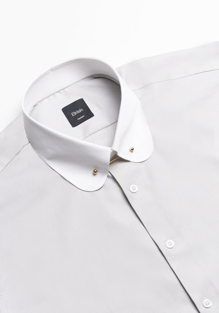 Light Grey Twill Pima Cotton Shirt - White Club Collar With Golden Pin