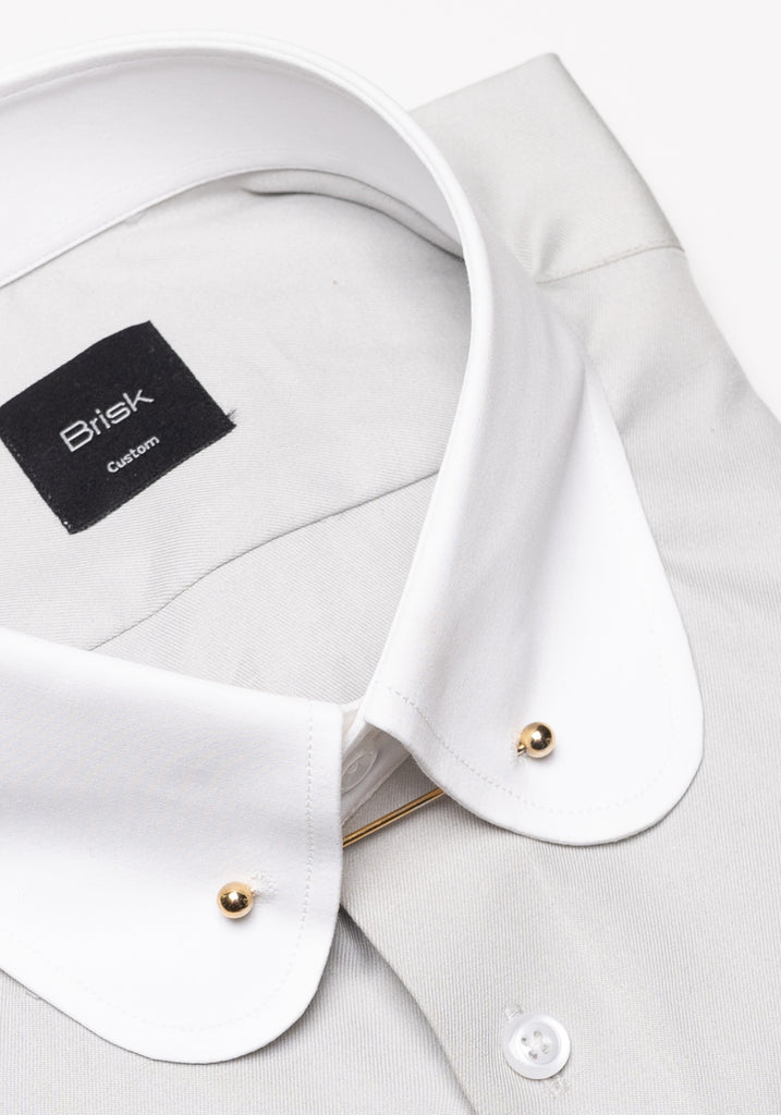 Light Grey Twill Pima Cotton Shirt - White Club Collar With Golden Pin