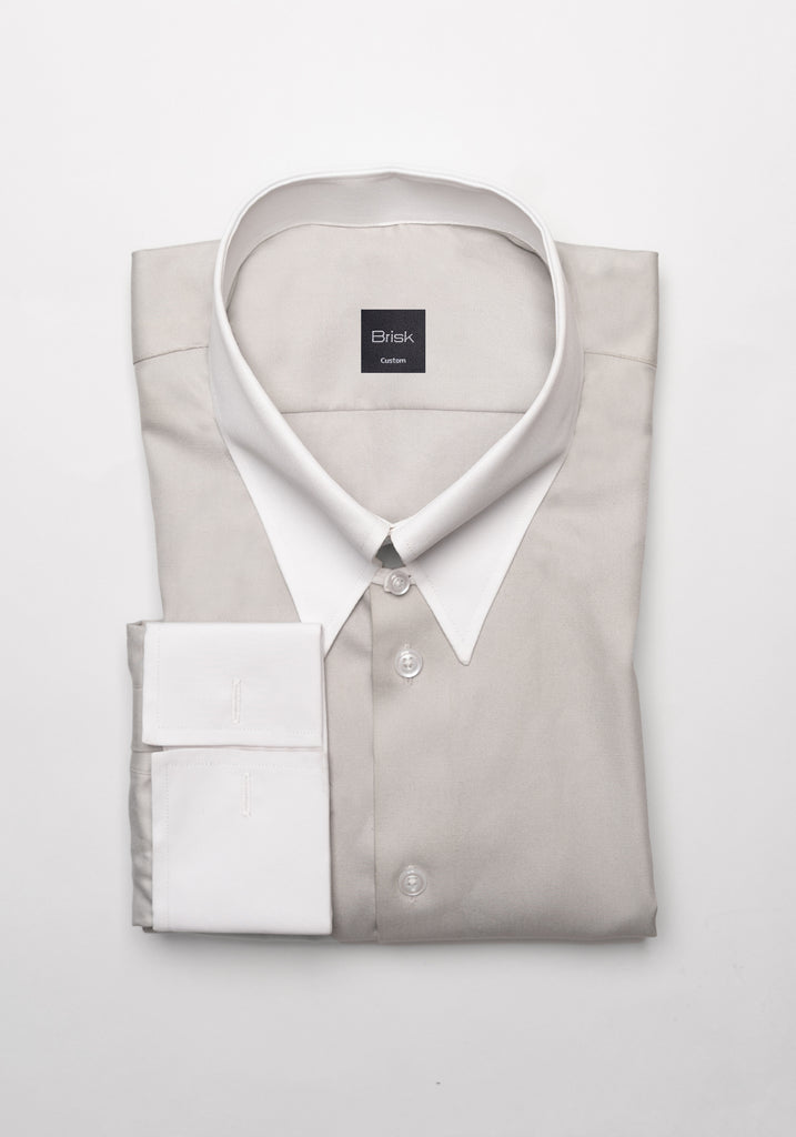 Light Grey Twill Pima Cotton - White Tab Collar