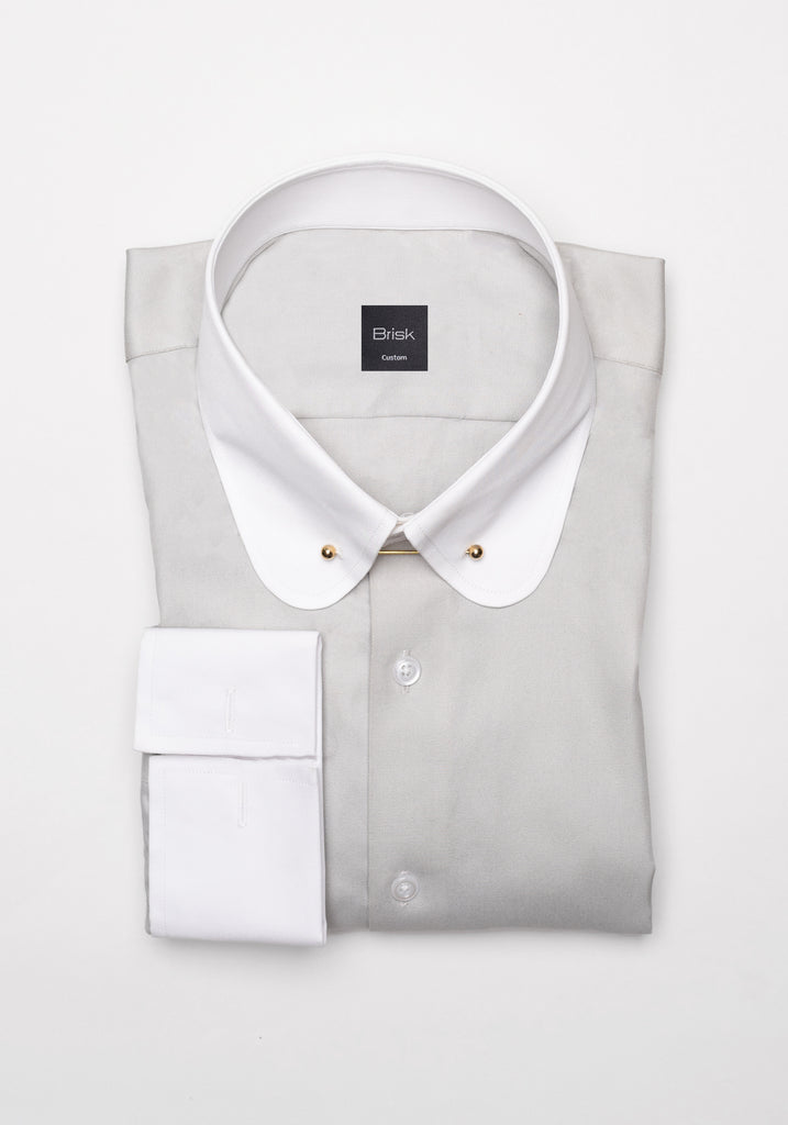 Light Grey Twill Pima Cotton Shirt - White Club Collar With Golden Pin