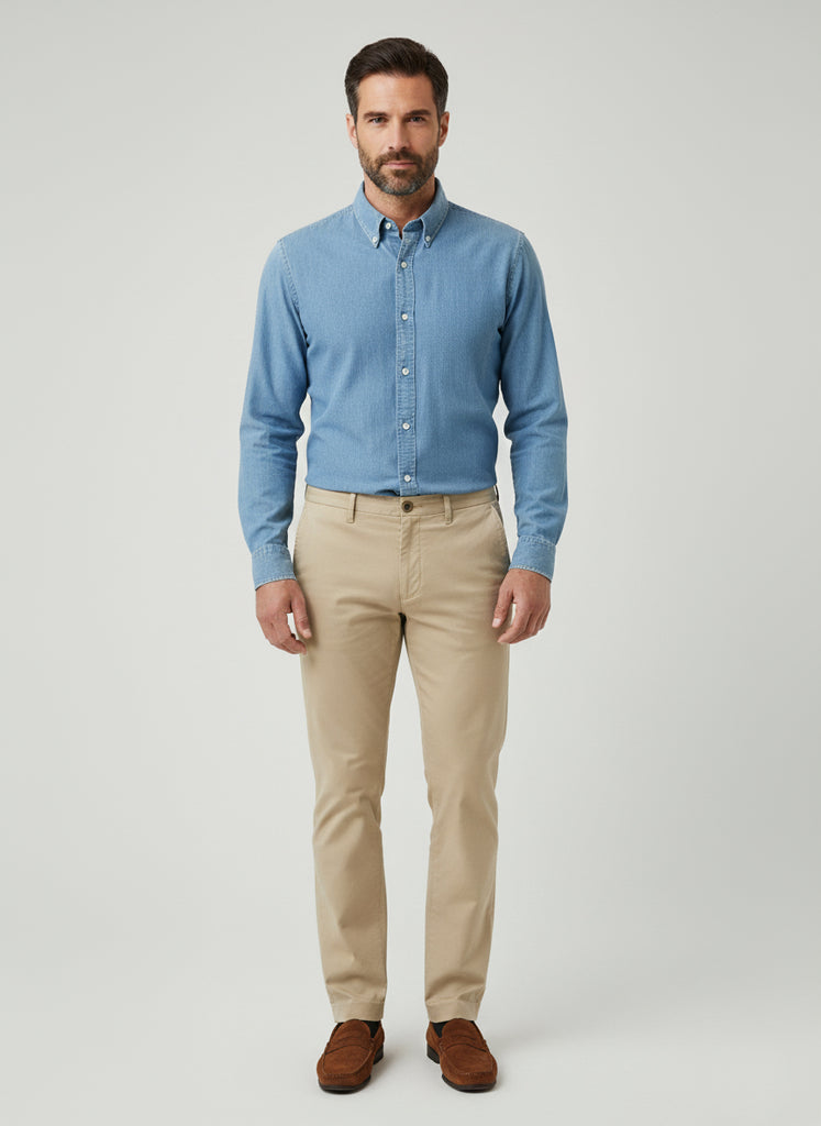 Light Wash Denim Stretch Shirt  - Button Down Collar