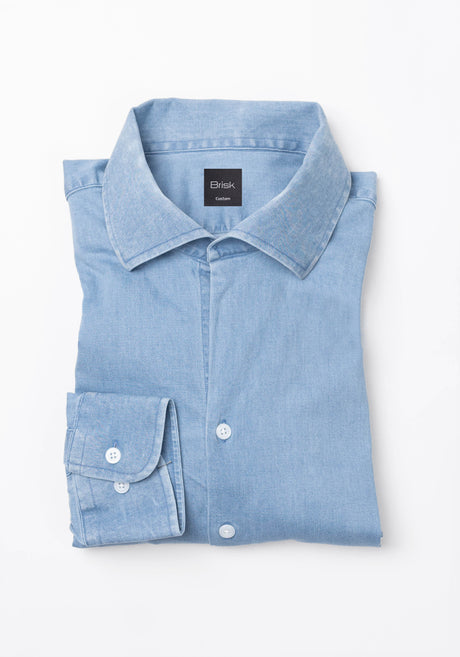 Light Wash Denim Stretch Shirt - One Piece Collar