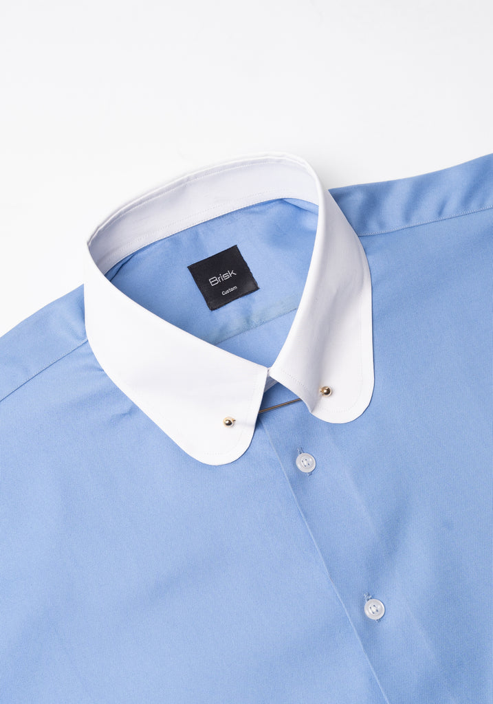 Mid Blue Twill Pima Cotton Shirt - White Club Collar With Golden Pin Collar