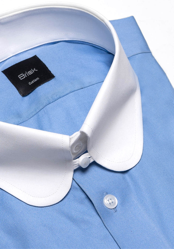 Mid Blue Twill Pima Cotton - White Club Tab Collar
