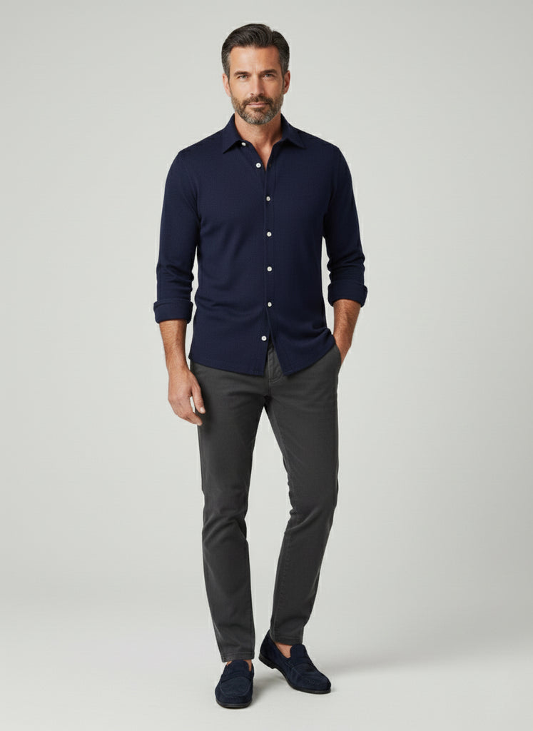 Midnight Blue Feather Soft Piqué Shirt - Cut Away Collar With Hidden Button Down