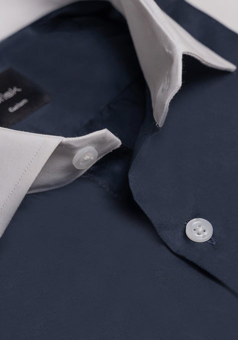 Egyptian Navy Blue Light Weight 80's Poplin Shirt - White Classic Collar
