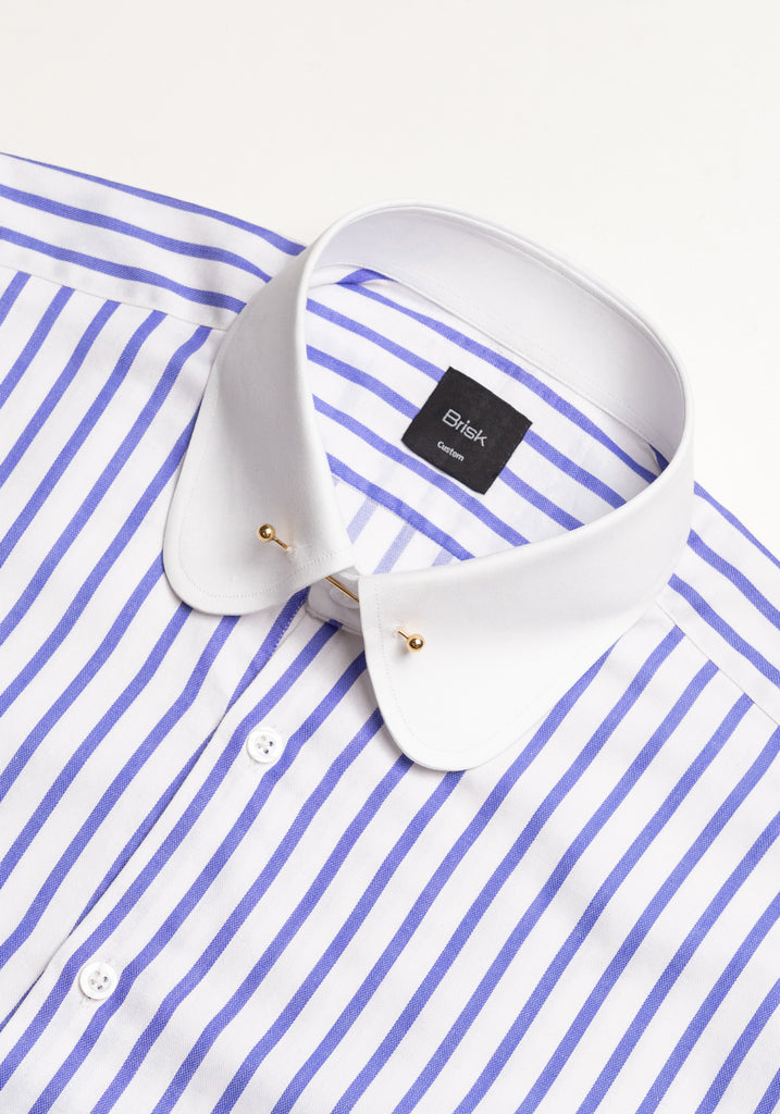 Navy Wide Stripes Soft Textured Pima Cotton Shirt - Club Pin Collar