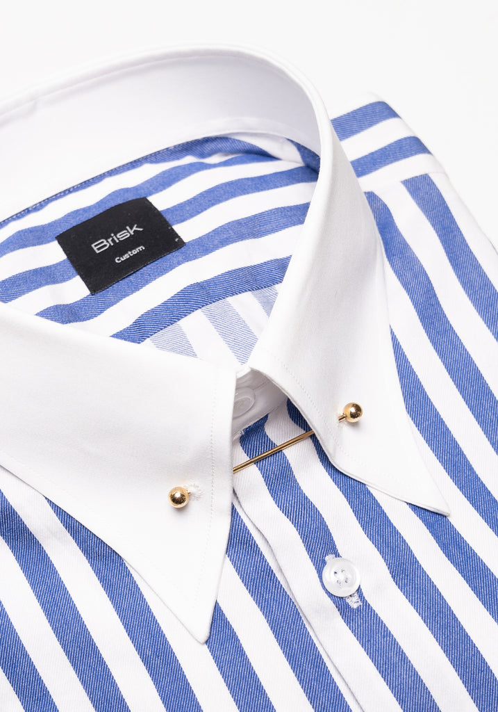 Navy Blue Bold Twill Stripes Pima Cotton Shirt - White Classic Golden Pin Collar & French Cuffs