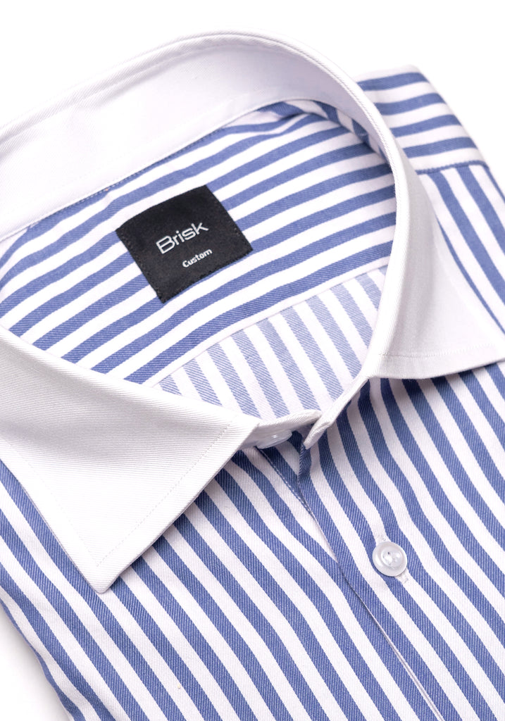 Navy Bengal Twill Stripes Pima Cotton Shirt - White Cutaway Classic Collar