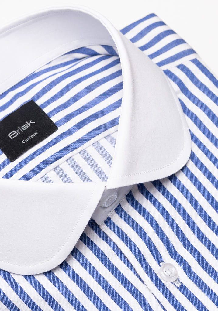 Navy Bengal Twill Stripes Pima Cotton Shirt - White Club Collar & French Cuffs 