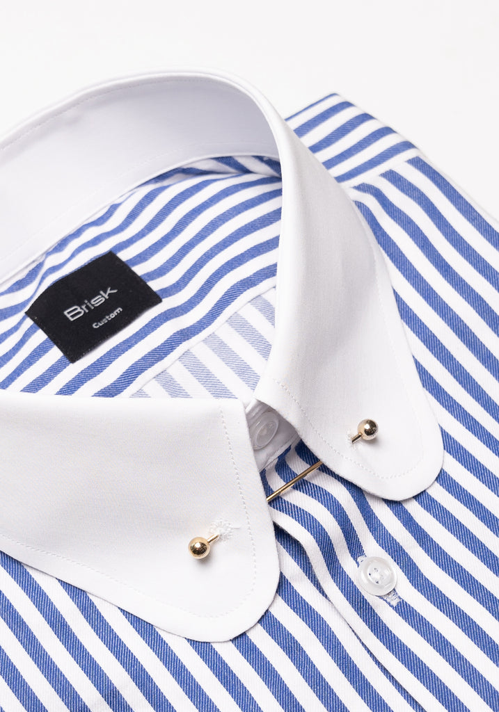 Navy Blue Bengal Twill Stripes Pima Cotton Shirt - White Club Golden Pin Collar & French Cuffs