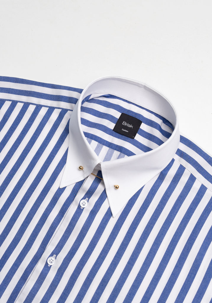 Navy Blue Bold Twill Stripes Pima Cotton Shirt - White Classic Golden Pin Collar & French Cuffs