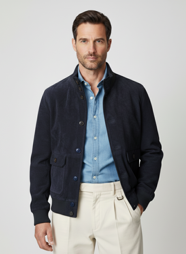 Man wearing a navy jacket over a light blue shirt and beige pants on a white background