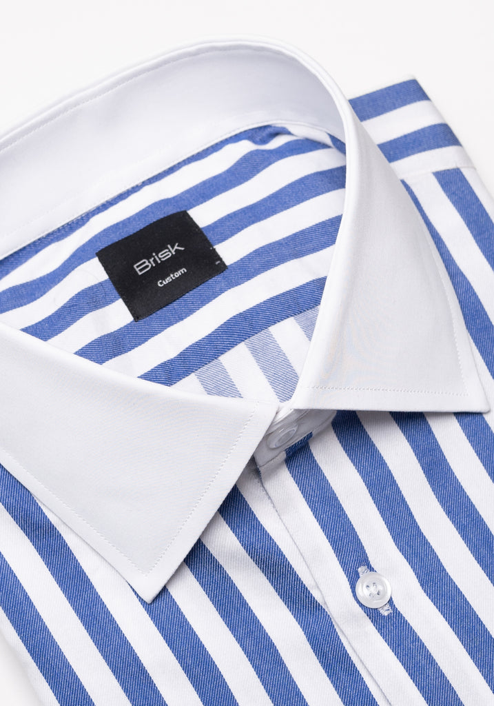 Navy Twill Bold Stripes Pima Cotton Shirt - White High Cutaway Classic Collar