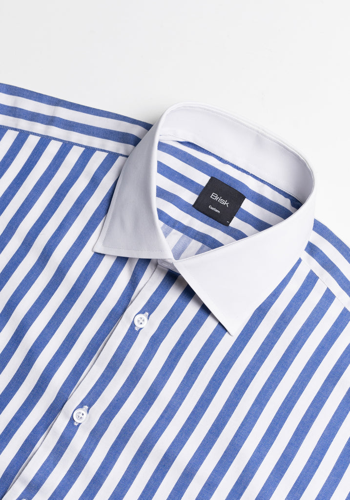 Navy Twill Bold Stripes Pima Cotton Shirt - White High Cutaway Classic Collar