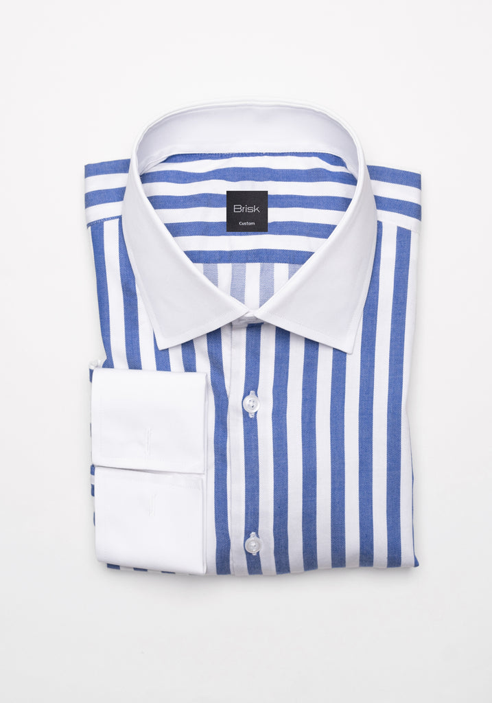 Navy Twill Bold Stripes Pima Cotton Shirt - White High Cutaway Classic Collar